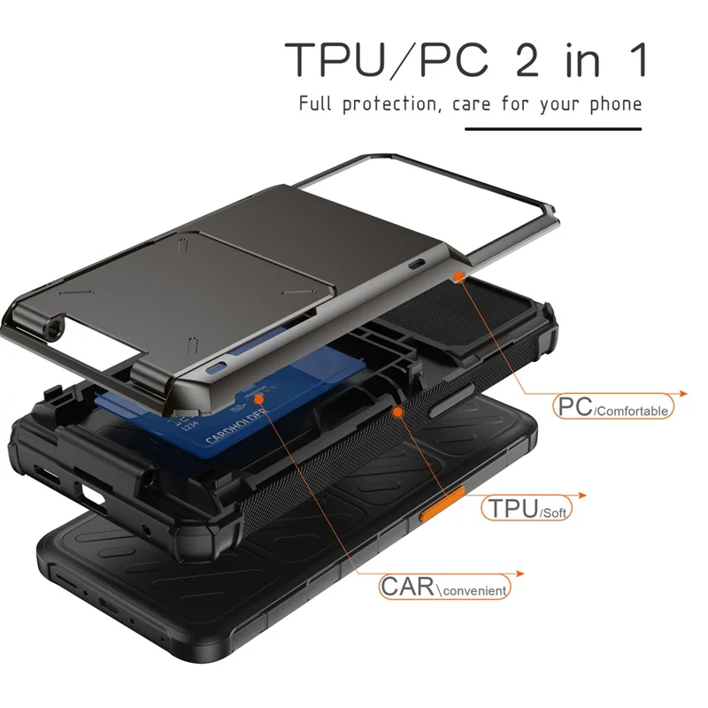 Für Samsung Galaxy XCover7 Pro Hülle PC + TPU Doppelschicht Rückseite Handyhülle mit Kartenhalter - Grau