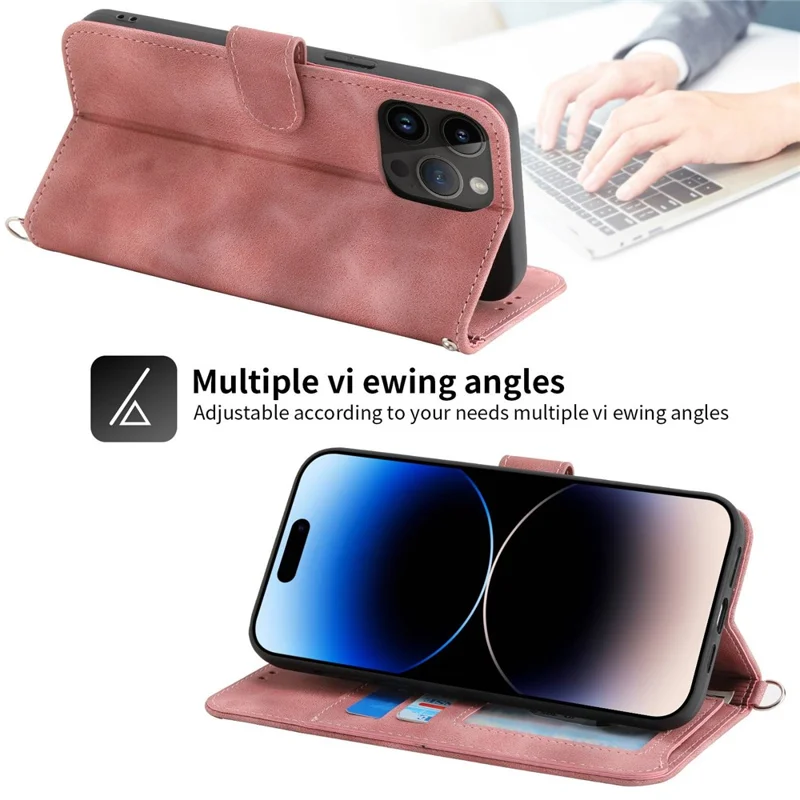 Per Iphone 14 Pro Exprinted Flowers PU Peth Chepe Peth Coust Magnetic Coperchio Schuch Autouch Afrotto Con Cinturino da Polso e Spalla - Rosa