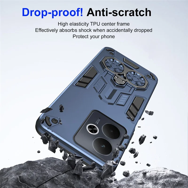 For Realme 14T 5G Case Ring Holder Kickstand PC + TPU Shockproof Phone Cover - Navy Blue
