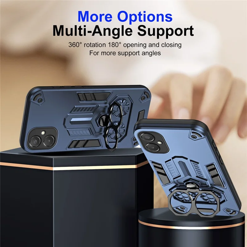 For Samsung Galaxy A06 5G Case Ring Holder Kickstand PC + TPU Shockproof Phone Cover - Navy Blue
