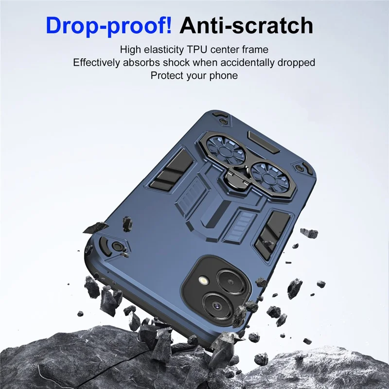 For Samsung Galaxy A06 5G Case Ring Holder Kickstand PC + TPU Shockproof Phone Cover - Navy Blue