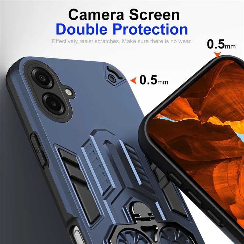 Til Samsung Galaxy A07 4G Taske med Ringholder og Støttefod i PC + TPU Stødfast Telefondæksel - Marineblå