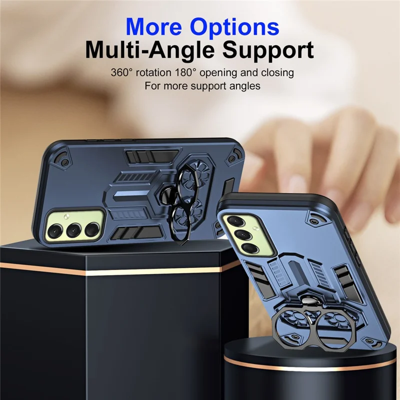 For Samsung Galaxy A16 4G / 5G Case Ring Holder Kickstand PC + TPU Shockproof Phone Cover - Navy Blue