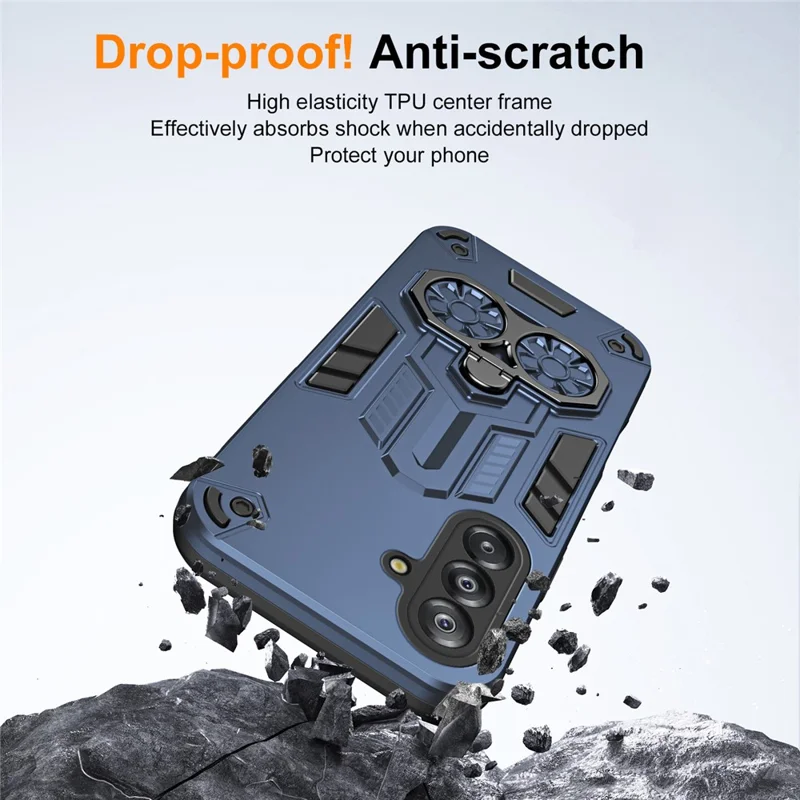 For Samsung Galaxy A17 5G Case Ring Holder Kickstand PC + TPU Shockproof Phone Cover - Navy Blue