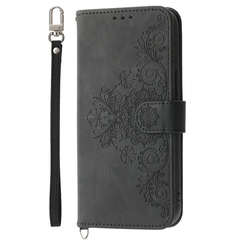 Skin-touch Imprinted Flowers Pattern Leather Case for iPhone 14 Pro Max, Stand Wallet Multiple Card Slots Phone Cover with Wrist Strap and Shoulder Strap - Black