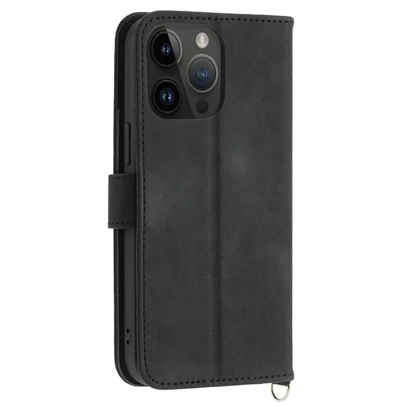 Skin-touch Imprinted Flowers Pattern Leather Case for iPhone 14 Pro Max, Stand Wallet Multiple Card Slots Phone Cover with Wrist Strap and Shoulder Strap - Black
