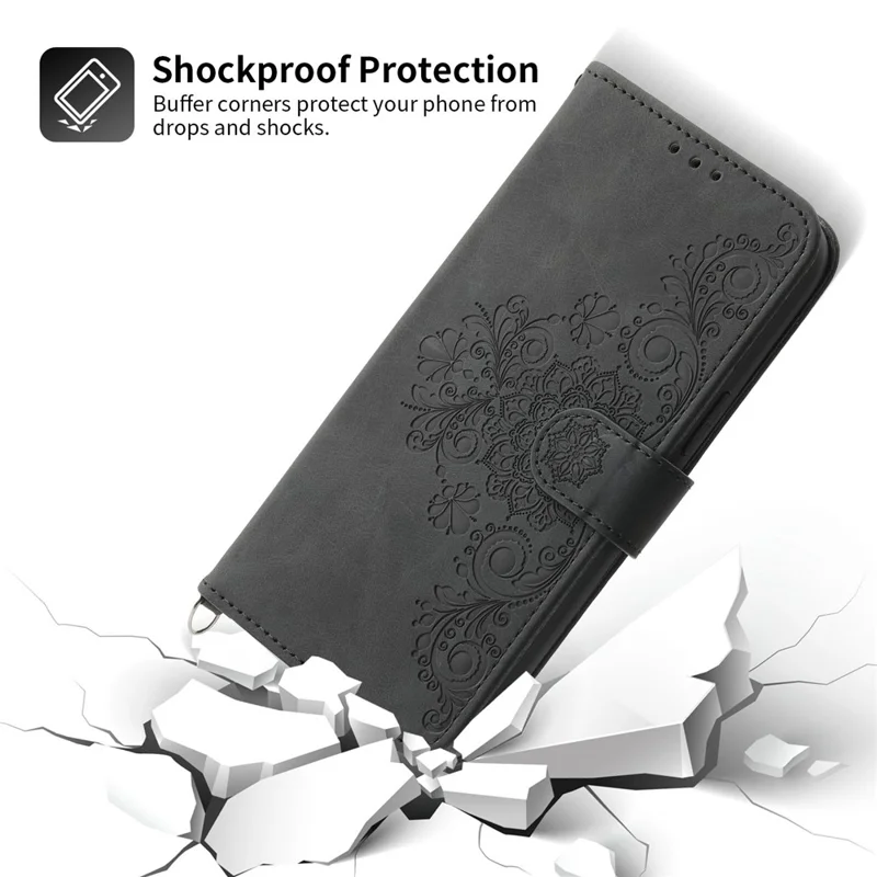 Skin-touch Imprinted Flowers Pattern Leather Case for iPhone 14 Pro Max, Stand Wallet Multiple Card Slots Phone Cover with Wrist Strap and Shoulder Strap - Black