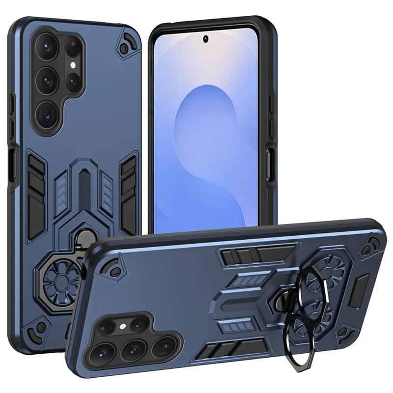 For Samsung Galaxy S25 Ultra Case Ring Holder Kickstand PC + TPU Shockproof Phone Cover - Navy Blue