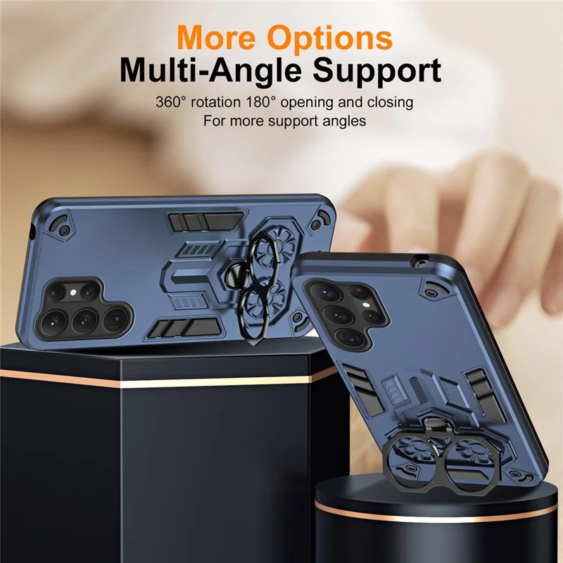 For Samsung Galaxy S25 Ultra Case Ring Holder Kickstand PC + TPU Shockproof Phone Cover - Navy Blue
