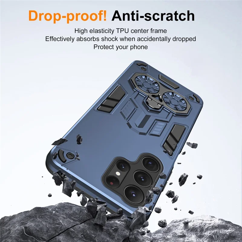 For Samsung Galaxy S25 Ultra Case Ring Holder Kickstand PC + TPU Shockproof Phone Cover - Navy Blue