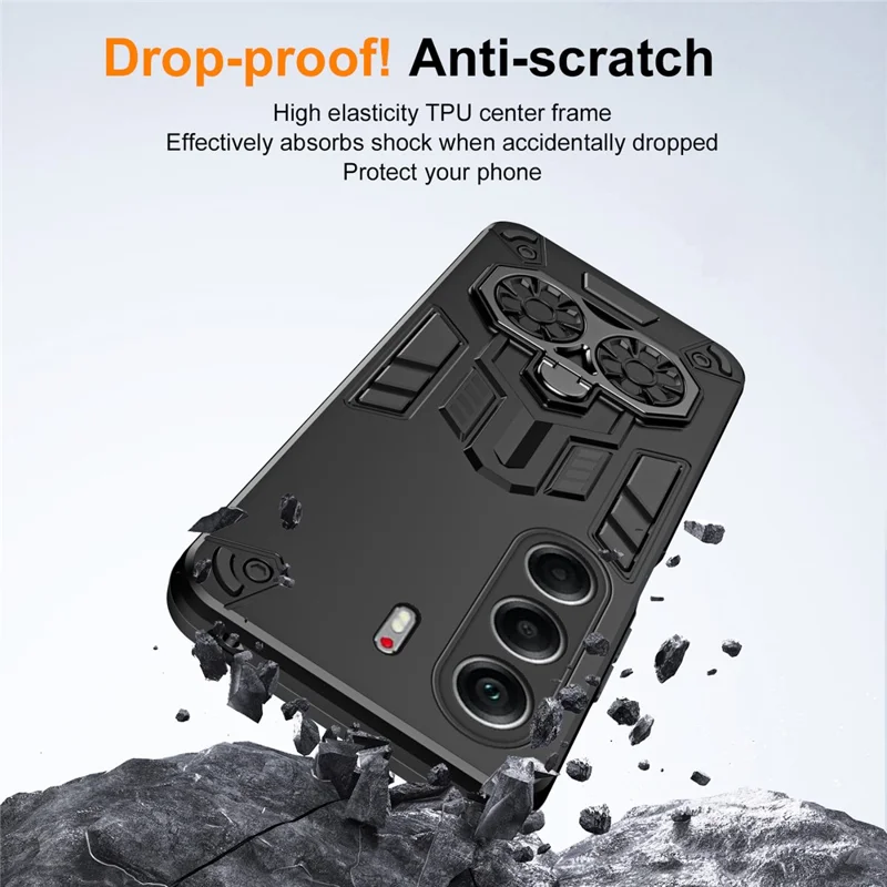 Til TECNO Camon 40 Pro 4G Etui med Ringholder og Støttefod i PC + TPU Stødfast Telefonetui - Sort