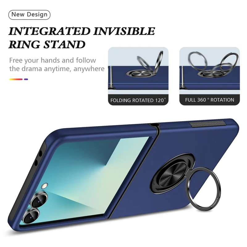 For Samsung Galaxy Z Flip7 5G Case PC + TPU Phone Cover with Rotatable Ring Holder - Blue