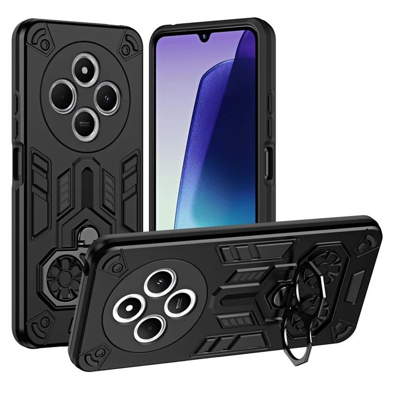 Capa de Celular para Xiaomi Poco C75 4G / Redmi 14C 4G / Redmi 14R 5G / Redmi A3 Pro 4G / Redmi A4 5G com Suporte de Anel e Apoio Rígido PC + TPU Capa Antichoque - Preto