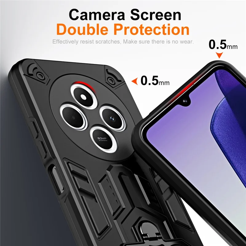 Capa de Celular para Xiaomi Poco C75 4G / Redmi 14C 4G / Redmi 14R 5G / Redmi A3 Pro 4G / Redmi A4 5G com Suporte de Anel e Apoio Rígido PC + TPU Capa Antichoque - Preto