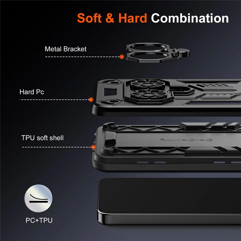 Capa de Celular para Xiaomi Poco C75 4G / Redmi 14C 4G / Redmi 14R 5G / Redmi A3 Pro 4G / Redmi A4 5G com Suporte de Anel e Apoio Rígido PC + TPU Capa Antichoque - Preto