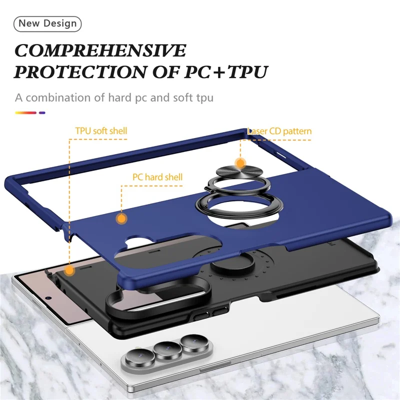 For Samsung Galaxy Z Fold7 5G Case PC + TPU Phone Cover with Rotatable Ring Holder - Blue