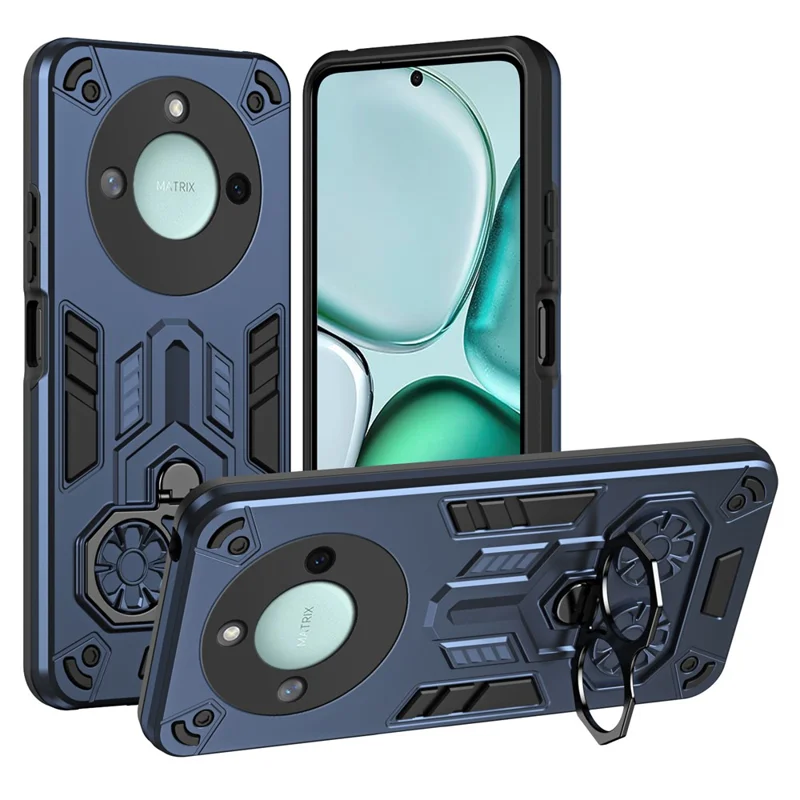 For Honor X9c Smart 5G Case Ring Holder Kickstand PC + TPU Shockproof Phone Cover - Navy Blue
