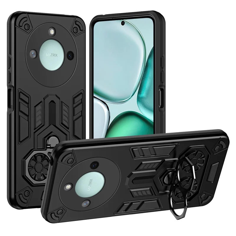 For Honor X9c Smart 5G Case Ring Holder Kickstand PC + TPU Shockproof Phone Cover - Black