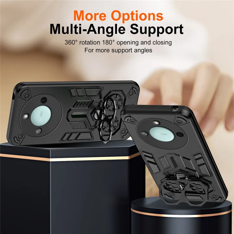 For Honor X9c Smart 5G Case Ring Holder Kickstand PC + TPU Shockproof Phone Cover - Black