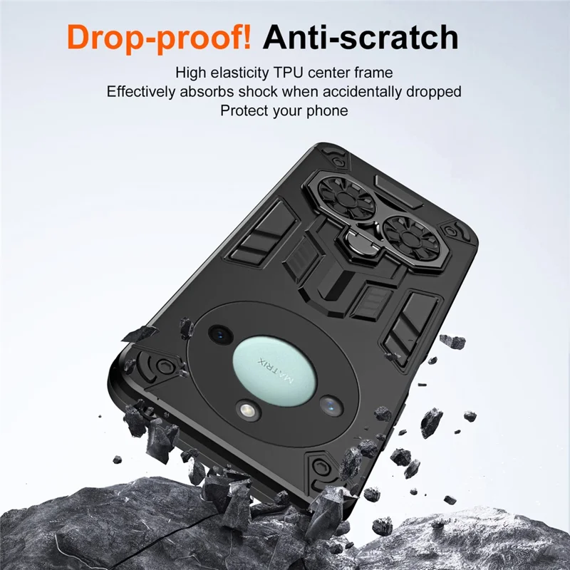 For Honor X9c Smart 5G Case Ring Holder Kickstand PC + TPU Shockproof Phone Cover - Black