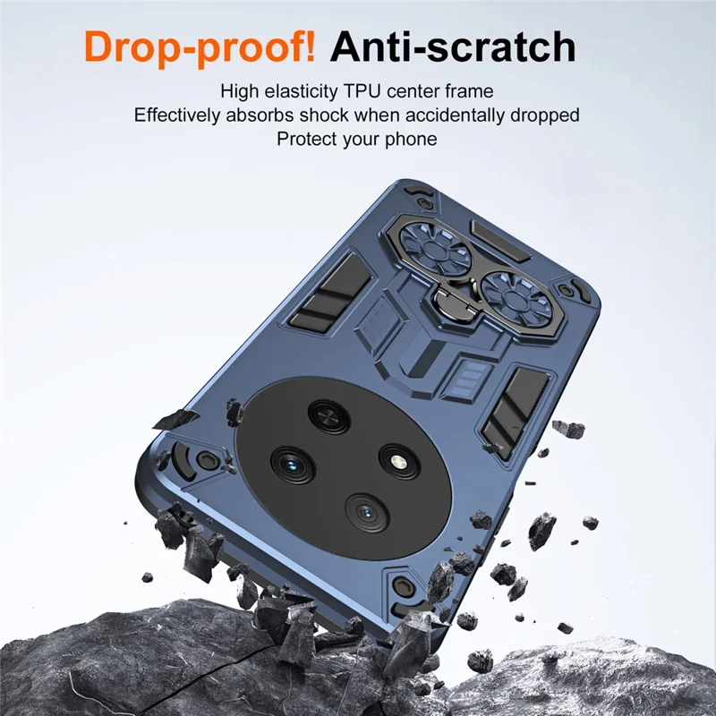 Étui de téléphone pour Honor Magic7 Lite 5G / X9c 5G / X60 Pro 5G avec support de bague et béquille, Coque PC + TPU Antichoc - Bleu Marine