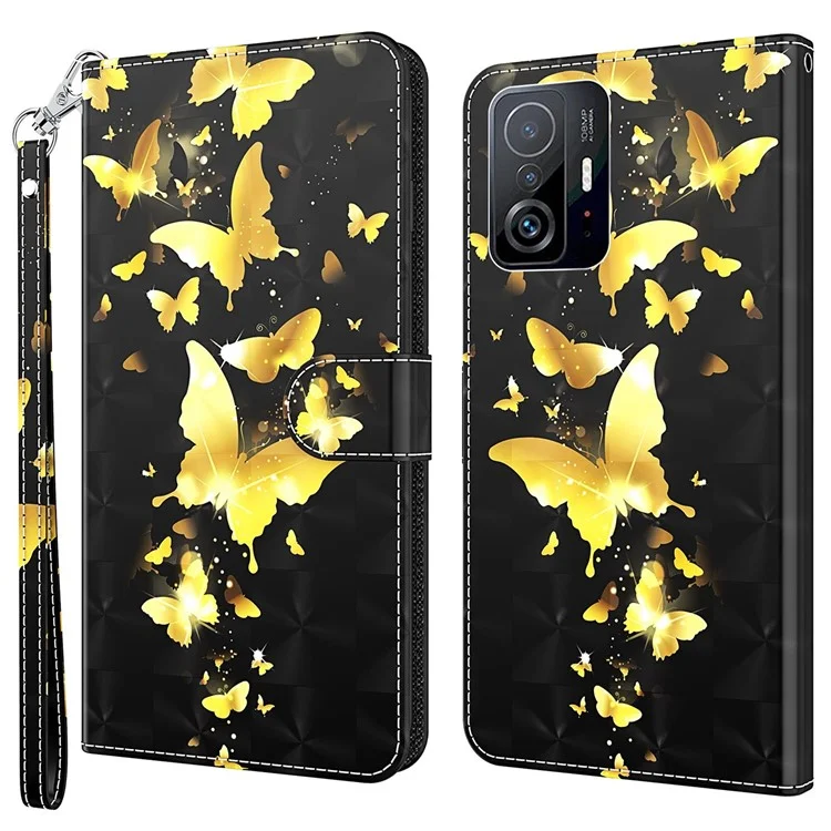 For Xiaomi 11T 5G / 11T Pro 5G PU Leather Flip Case Elegant 3D Pattern Printing Magnetic Closure Stand Wallet Phone Cover with Strap - Golden Butterflies