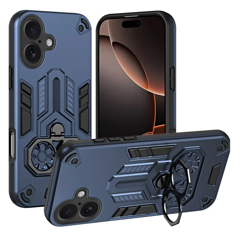 For iPhone 17 Case Ring Holder Kickstand PC + TPU Shockproof Phone Cover - Navy Blue