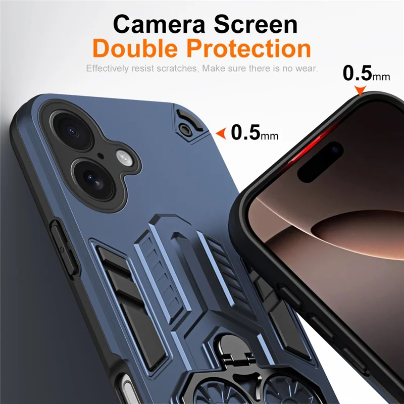 For iPhone 17 Case Ring Holder Kickstand PC + TPU Shockproof Phone Cover - Navy Blue