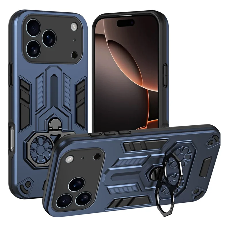 For iPhone 17 Pro Case Ring Holder Kickstand PC + TPU Shockproof Phone Cover - Navy Blue