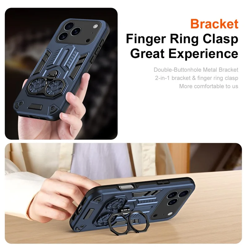 For iPhone 17 Pro Case Ring Holder Kickstand PC + TPU Shockproof Phone Cover - Navy Blue