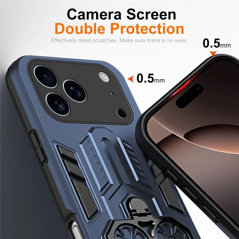 For iPhone 17 Pro Case Ring Holder Kickstand PC + TPU Shockproof Phone Cover - Navy Blue