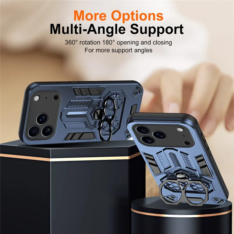 For iPhone 17 Pro Case Ring Holder Kickstand PC + TPU Shockproof Phone Cover - Navy Blue