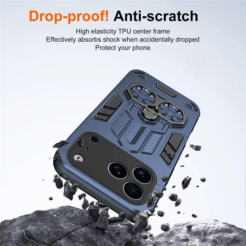 For iPhone 17 Pro Case Ring Holder Kickstand PC + TPU Shockproof Phone Cover - Navy Blue
