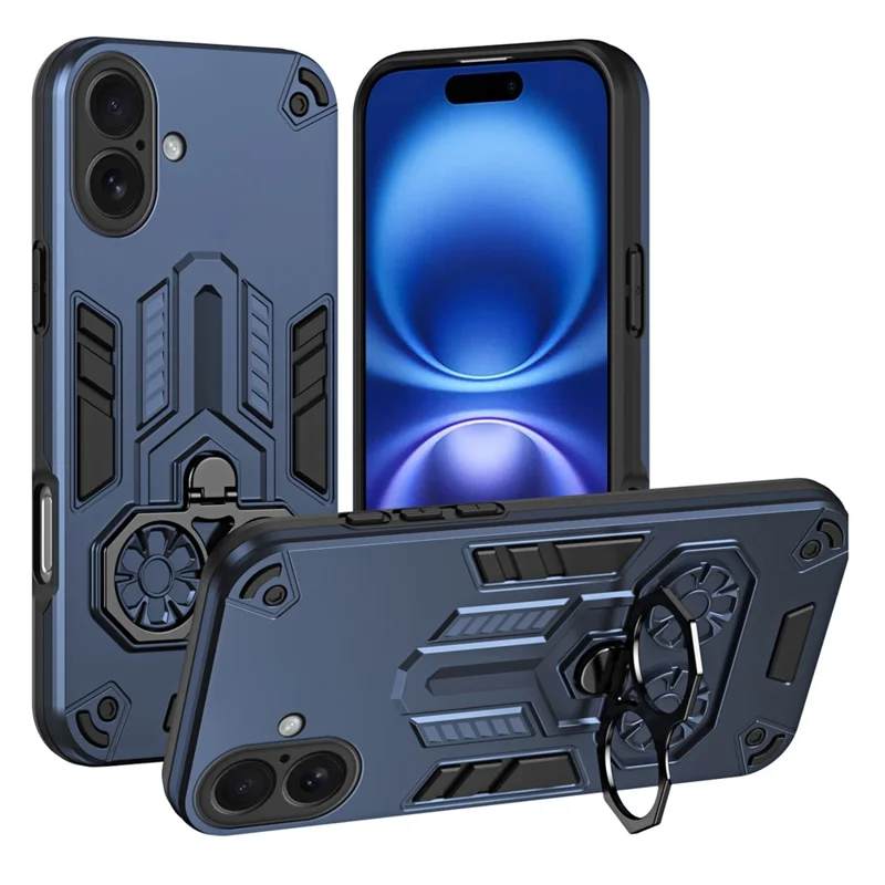 For iPhone 16 Case Ring Holder Kickstand PC + TPU Shockproof Phone Cover - Navy Blue