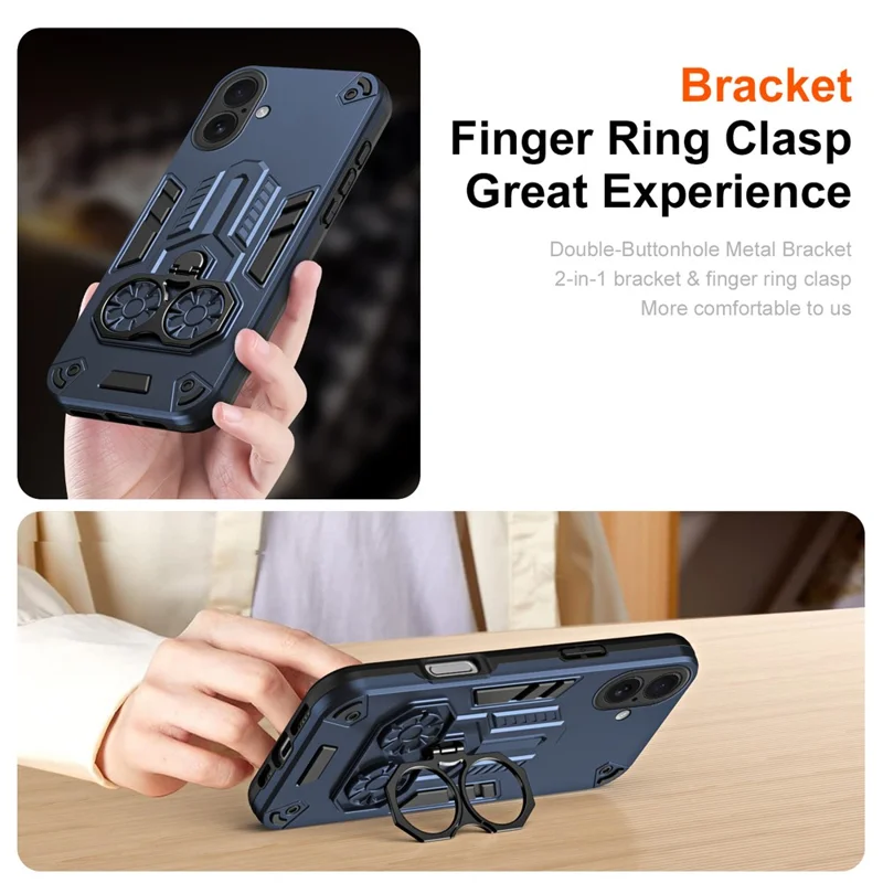 For iPhone 16 Case Ring Holder Kickstand PC + TPU Shockproof Phone Cover - Navy Blue