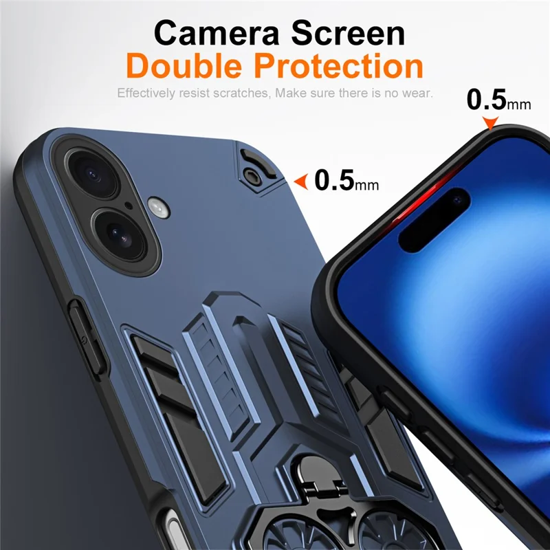 For iPhone 16 Case Ring Holder Kickstand PC + TPU Shockproof Phone Cover - Navy Blue