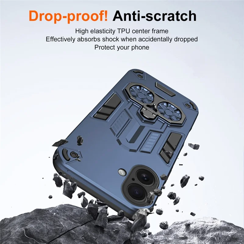 For iPhone 16 Case Ring Holder Kickstand PC + TPU Shockproof Phone Cover - Navy Blue