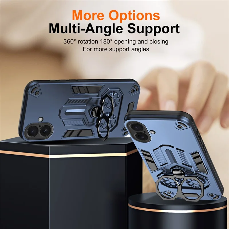 Capa para iPhone 16 Plus com Suporte de Anel e Função de Apoio, Capa de Telefone à Prova de Choque em PC + TPU - Azul Marinho