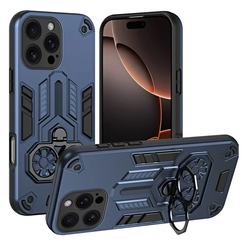 Coque pour iPhone 16 Pro avec Support Anneau et Béquille PC + TPU Antichoc - Bleu Marine