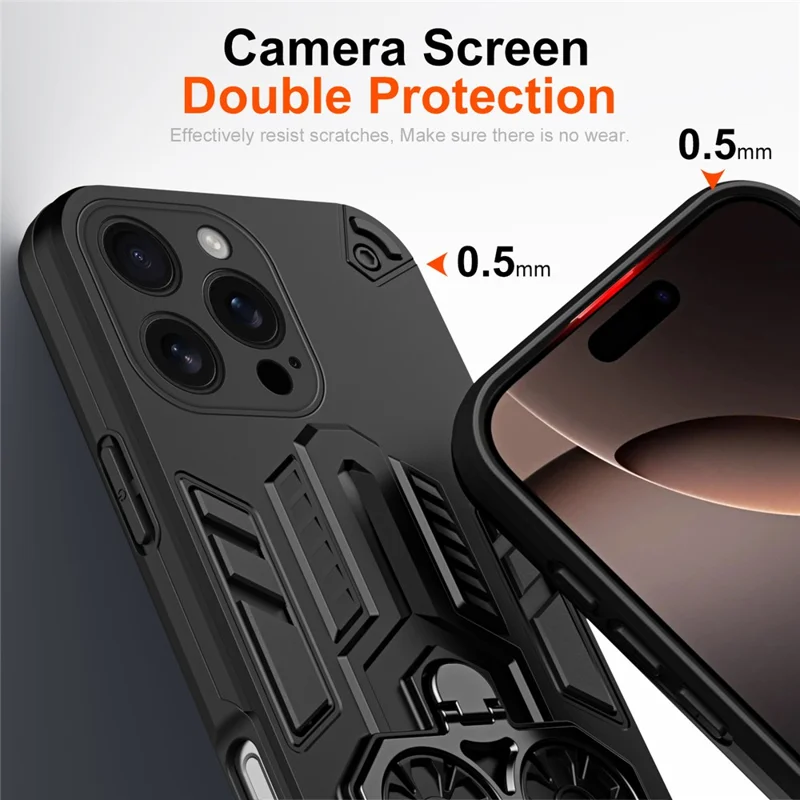 Voor iPhone 16 Pro hoesje met ringhouder en standaard PC + TPU schokbestendige telefoonhoes - Zwart
