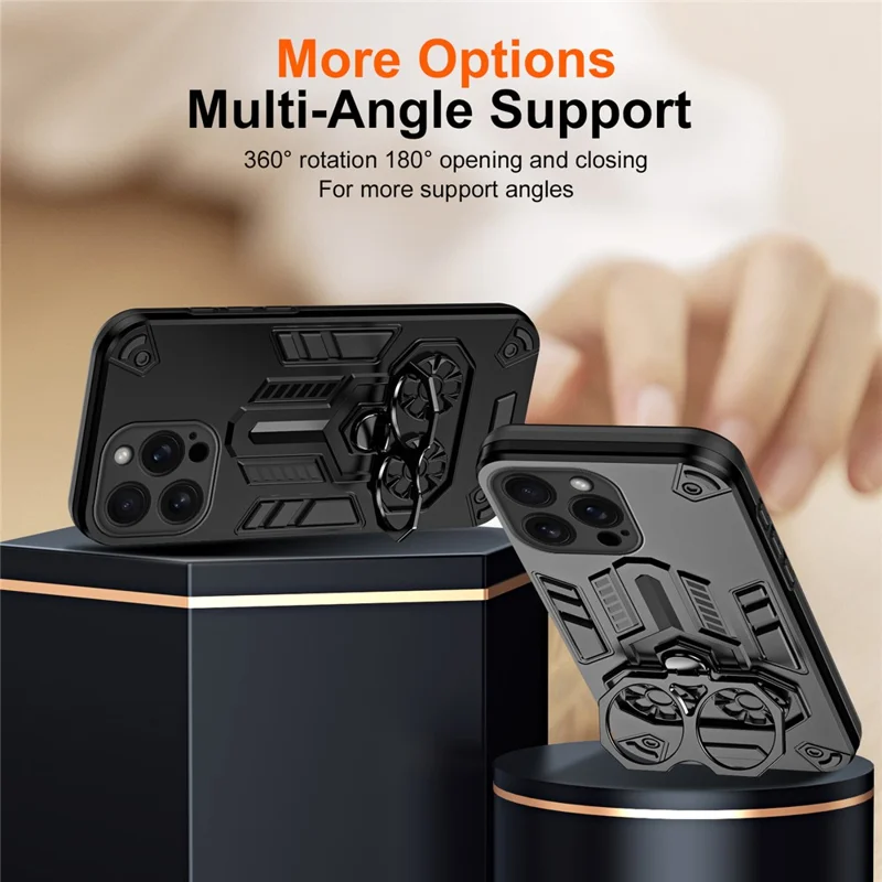 Voor iPhone 16 Pro hoesje met ringhouder en standaard PC + TPU schokbestendige telefoonhoes - Zwart