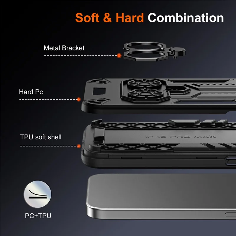 Voor iPhone 16 Pro hoesje met ringhouder en standaard PC + TPU schokbestendige telefoonhoes - Zwart