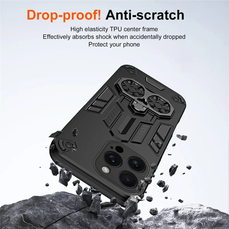 Voor iPhone 16 Pro hoesje met ringhouder en standaard PC + TPU schokbestendige telefoonhoes - Zwart