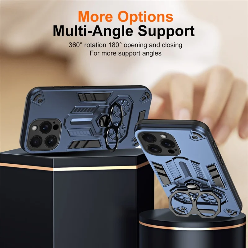 For iPhone 16 Pro Max Case Ring Holder Kickstand PC + TPU Shockproof Phone Cover - Navy Blue