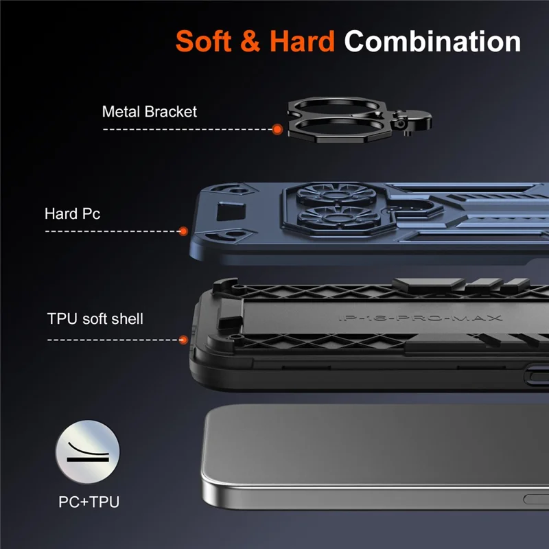 For iPhone 16 Pro Max Case Ring Holder Kickstand PC + TPU Shockproof Phone Cover - Navy Blue