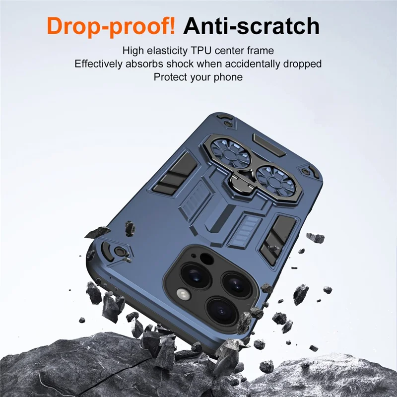 For iPhone 16 Pro Max Case Ring Holder Kickstand PC + TPU Shockproof Phone Cover - Navy Blue
