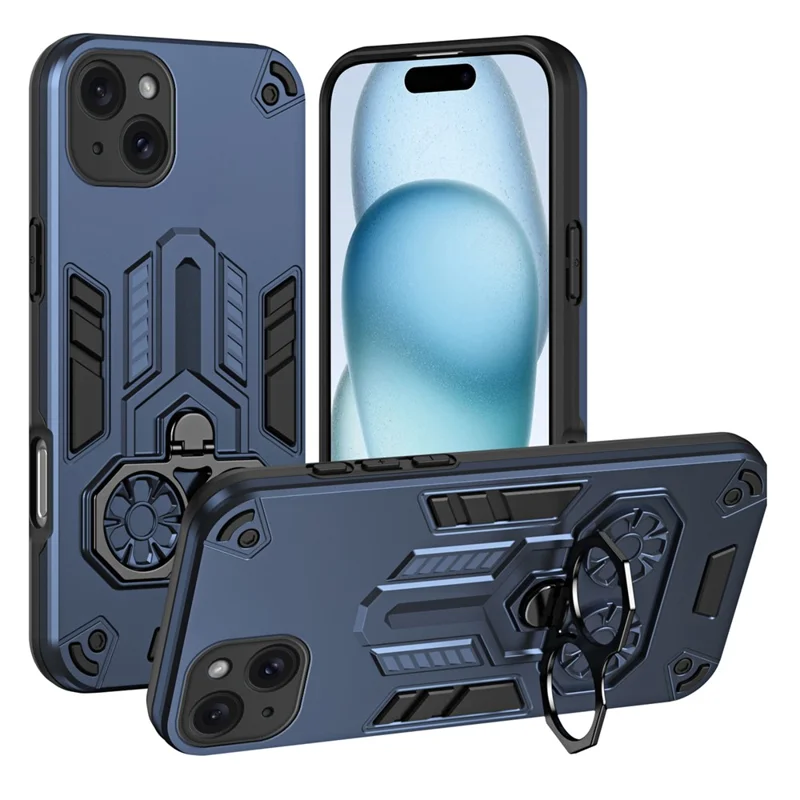 For iPhone 15 Case Ring Holder Kickstand PC + TPU Shockproof Phone Cover - Navy Blue