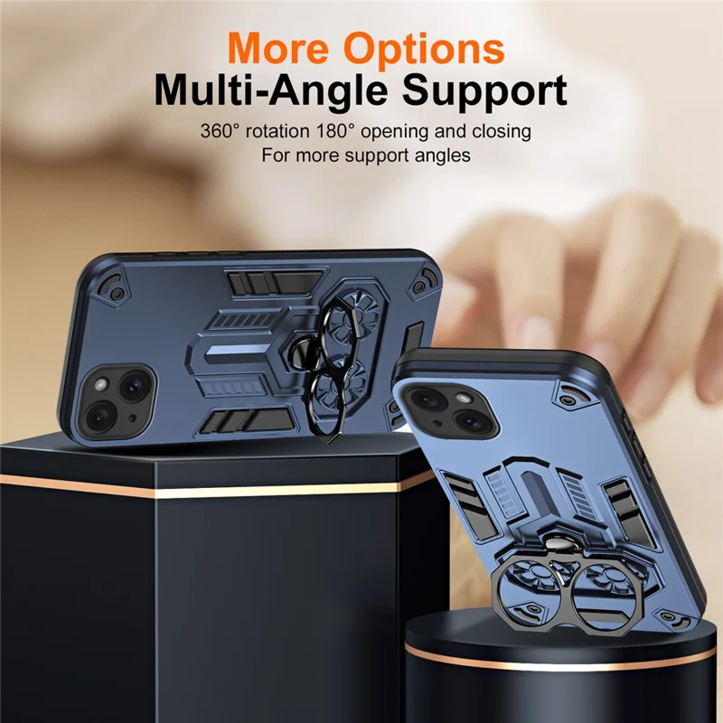For iPhone 15 Case Ring Holder Kickstand PC + TPU Shockproof Phone Cover - Navy Blue