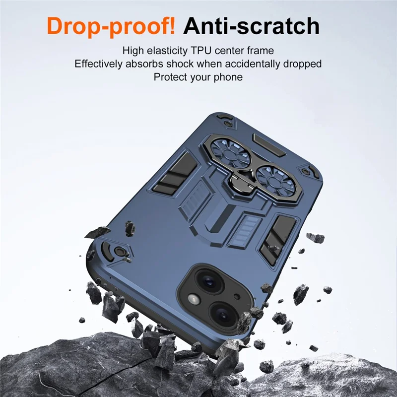 For iPhone 15 Case Ring Holder Kickstand PC + TPU Shockproof Phone Cover - Navy Blue