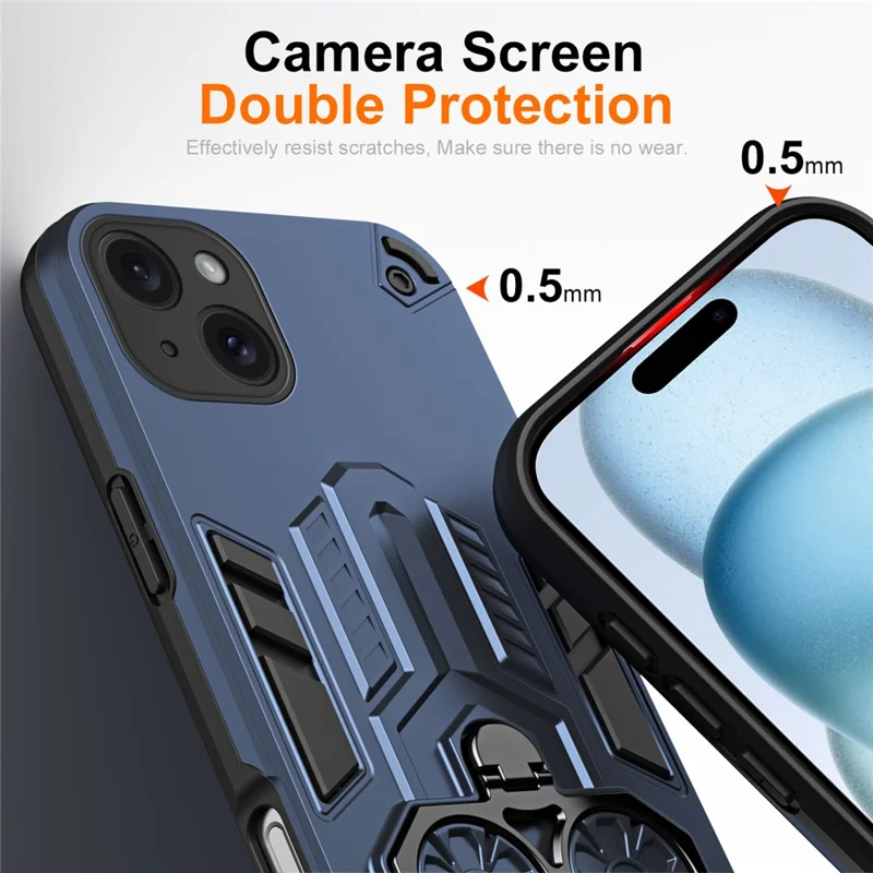 Capa para iPhone 15 Plus com Suporte de Anel e Apoio Dobrável, PC + TPU à Prova de Choque - Azul Marinho